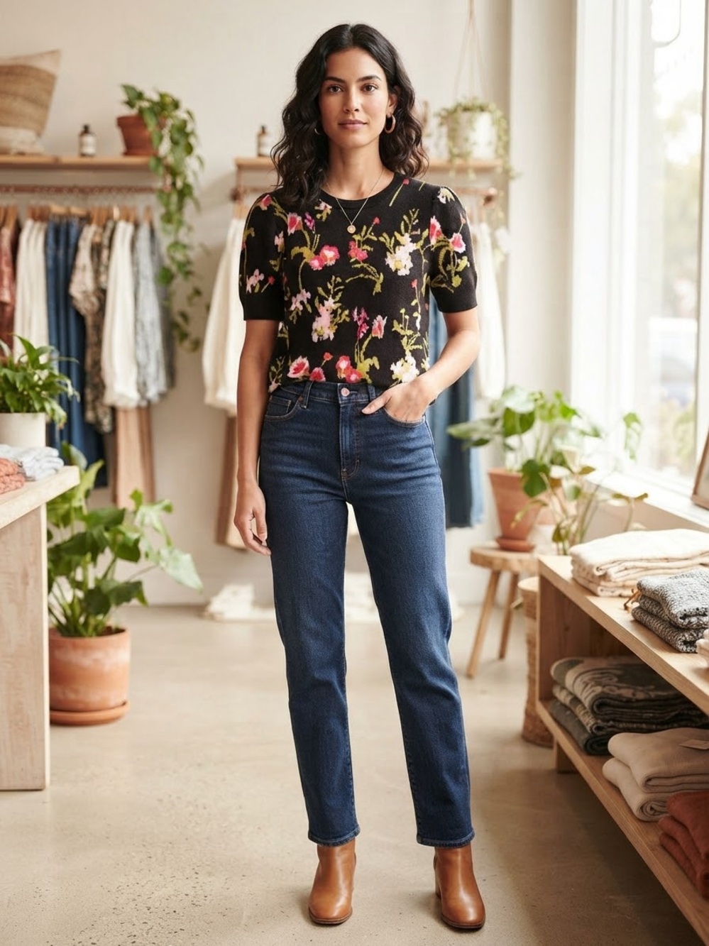 Tahari Black Floral Short-Sleeve Sweater